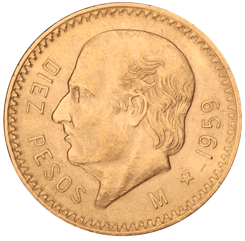 Mexican 10 Pesos Gold Coin obverse showing DIEZ PESOS inscription, left-facing portrait, Mo mint mark, and 1959 date
