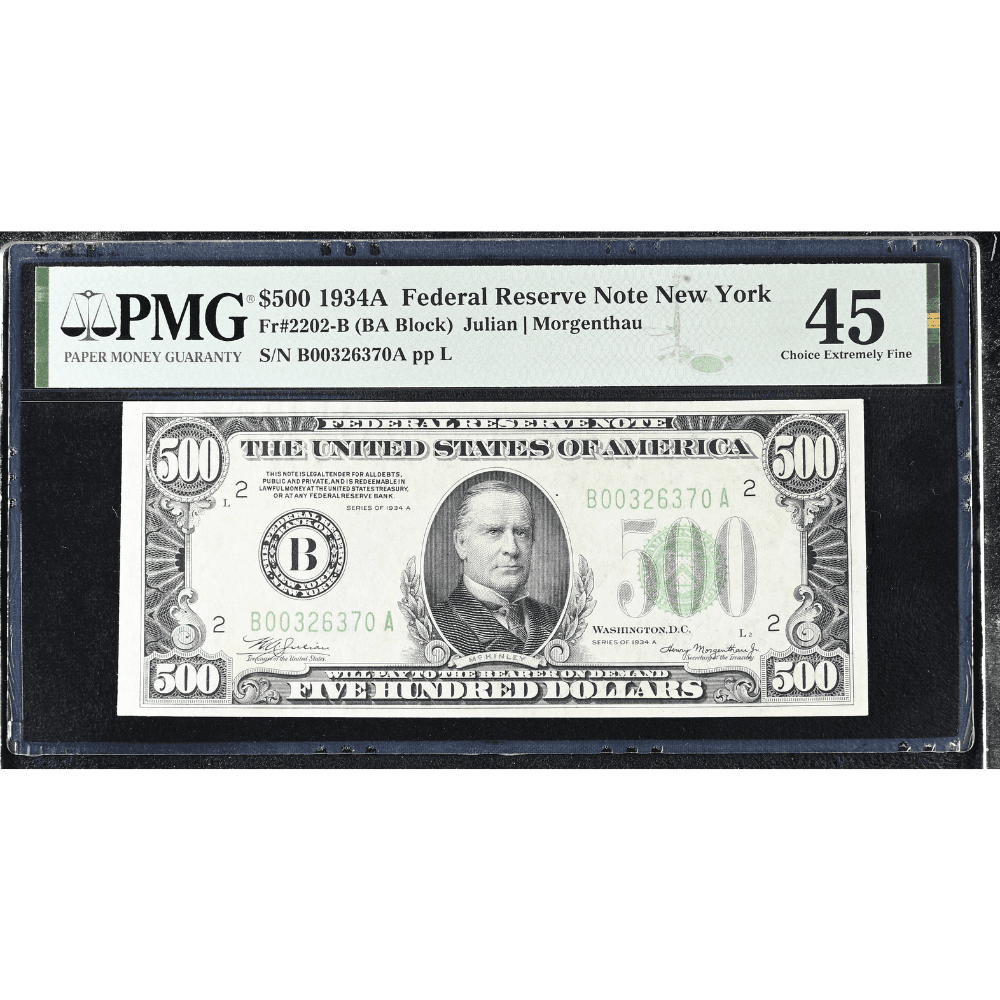1934A $500 Federal Reserve Note New York Fr#2202-B BA Block PMG 45 Choice Extremely Fine obverse with McKinley portrait and serial B00326370A