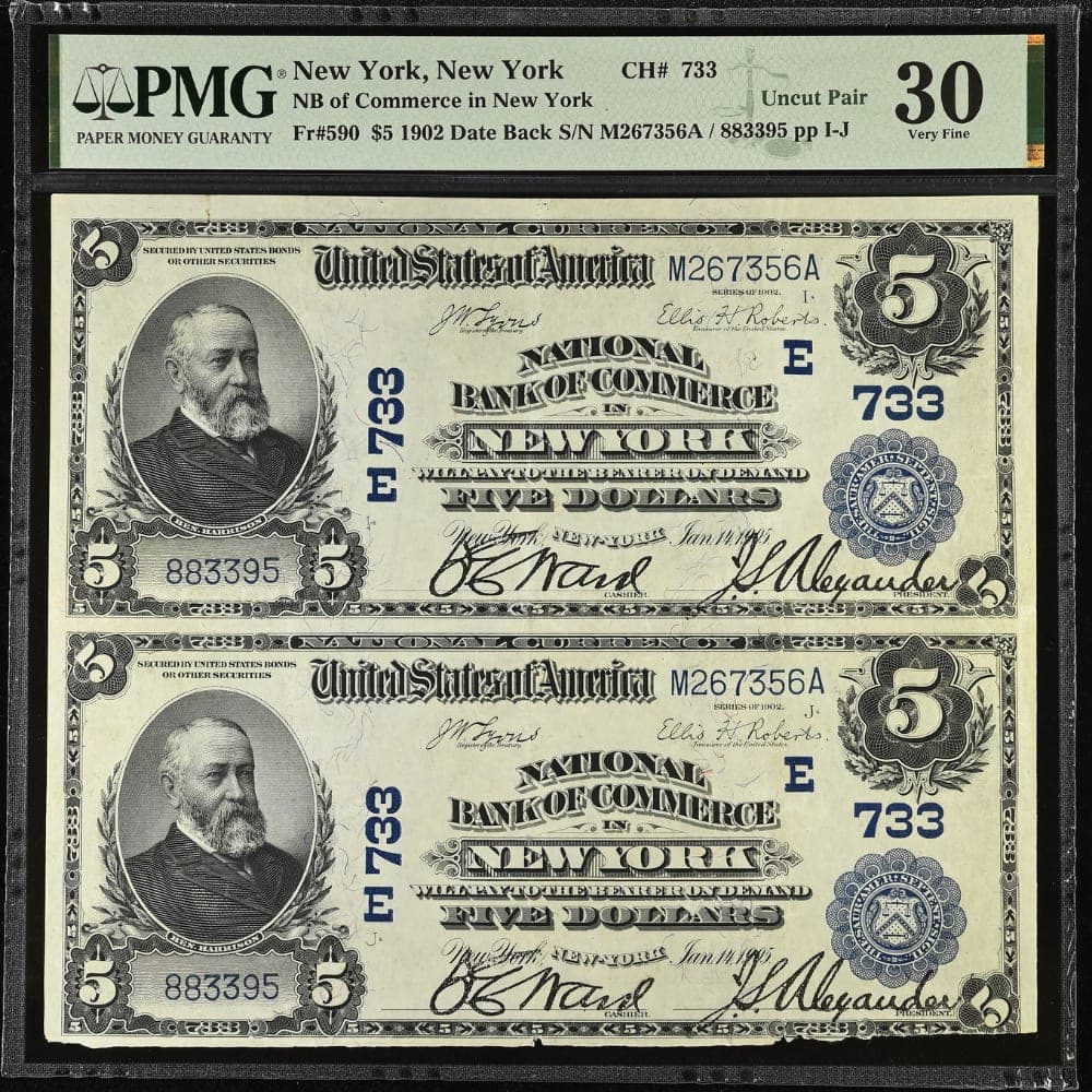 National Bank of Commerce New York, $5 1902 Date Back Uncut PMG VF 30 - Paper Money from Lone Star Coins