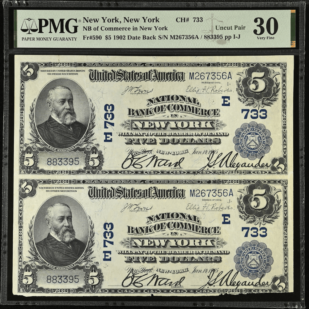 National Bank of Commerce New York $5 1902 Date Back uncut pair obverse PMG VF 30 Charter 733 serial M267356A positions I and J