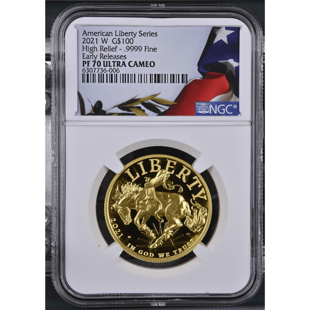 2021-W High Relief Gold Liberty $100 obverse in NGC PF 70 Ultra Cameo Early Releases slab, showing Liberty on horseback