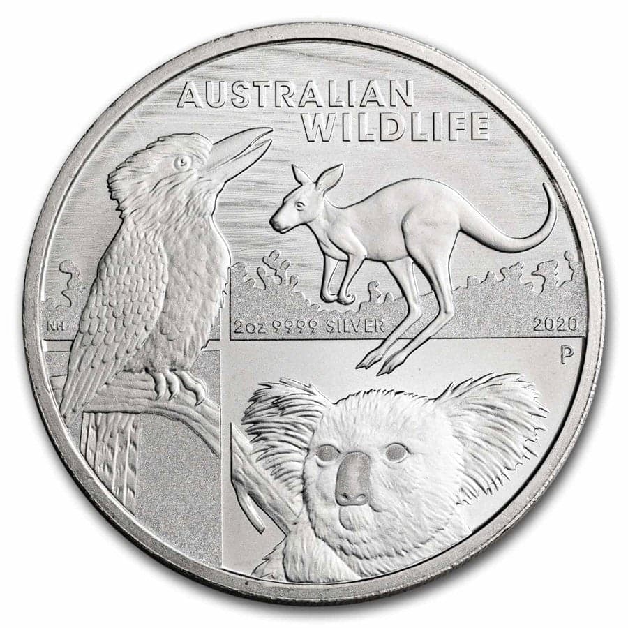 2020 Australia 2 oz Silver Wildlife coin reverse showing kookaburra, kangaroo, and koala with 0.9999 silver inscription and P mint mark