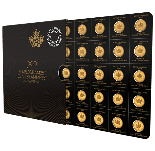 2021 Maplegram25 assay booklet showing 25 x 1 gram Gold Maple Leaf coins in 5x5 grid with Royal Canadian Mint branding
