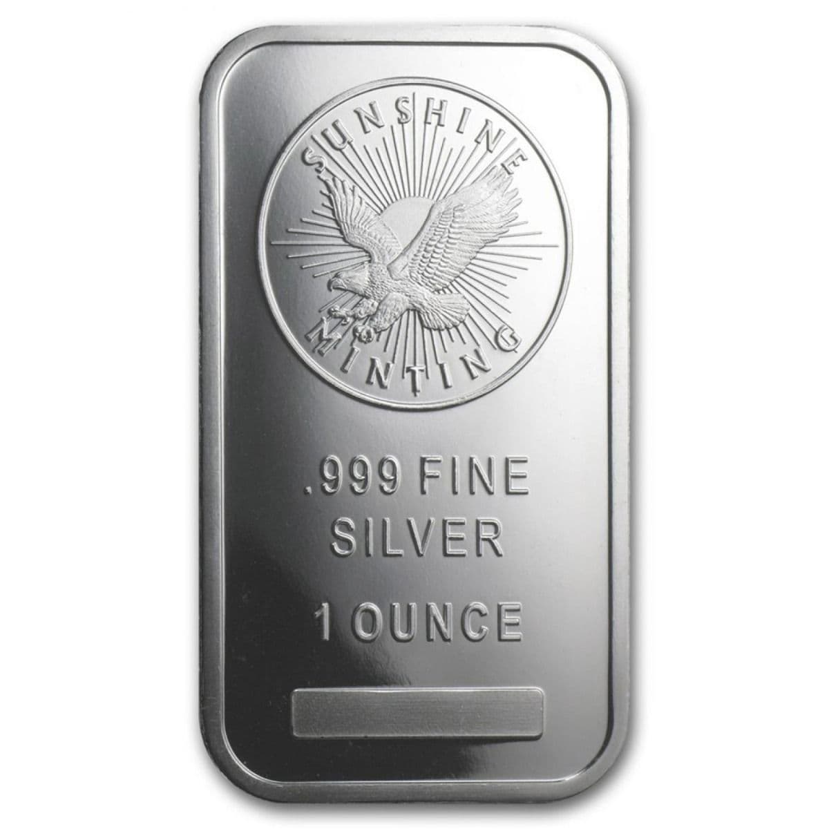 Sunshine Mint 1 oz Silver Bar obverse showing eagle sunburst logo and .999 fine silver 1 ounce stamp
