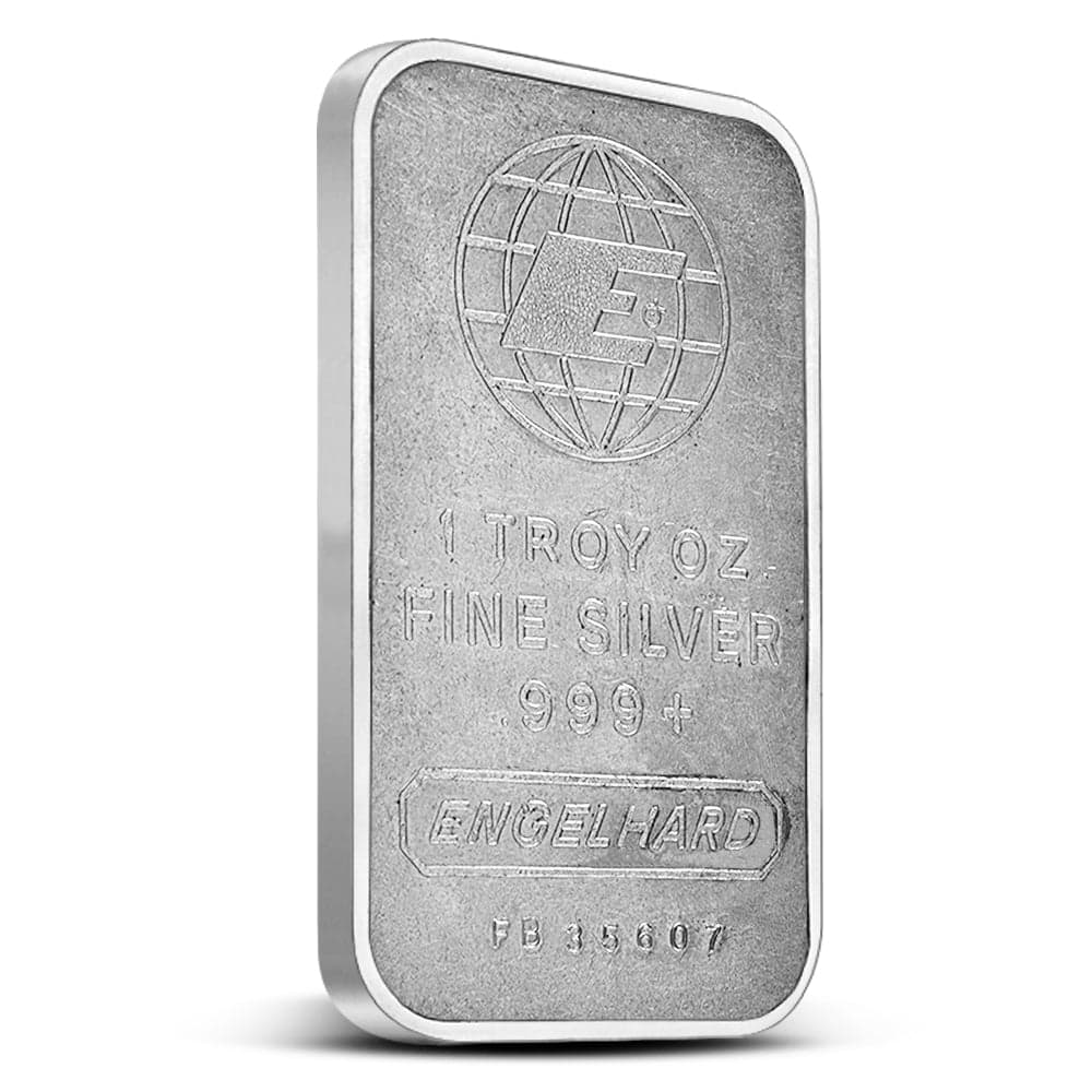 Engelhard 1 oz Silver Bar obverse showing globe logo, 1 Troy Oz Fine Silver .999+ stamp, Engelhard cartouche, and serial number FB 35607