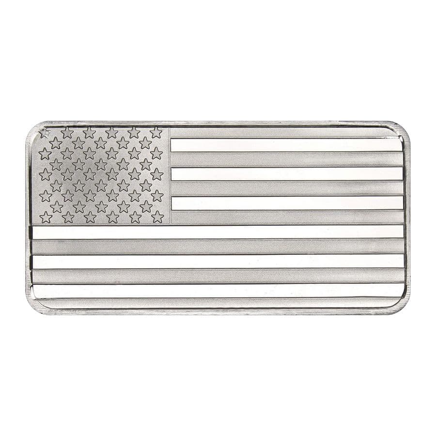 SilverTowne American Flag 1 oz Silver Bar obverse showing full 50-star canton and 13-stripe flag design in high relief