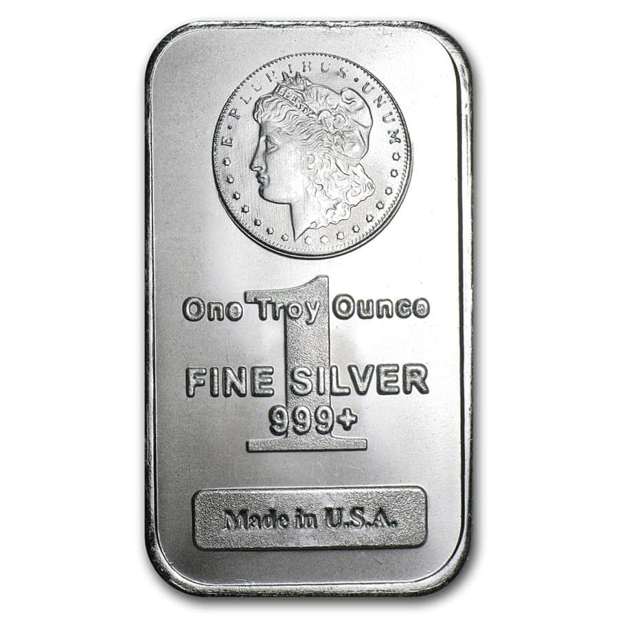 Morgan Design 1 oz Silver Bar obverse showing Morgan Liberty Head portrait and 999+ Fine Silver stamp, Made in USA