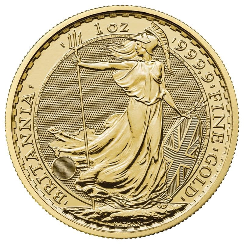 Gold Britannia 1 oz coin reverse showing Philip Nathan's standing Britannia with trident, Union shield, and 0.9999 fine gold inscription