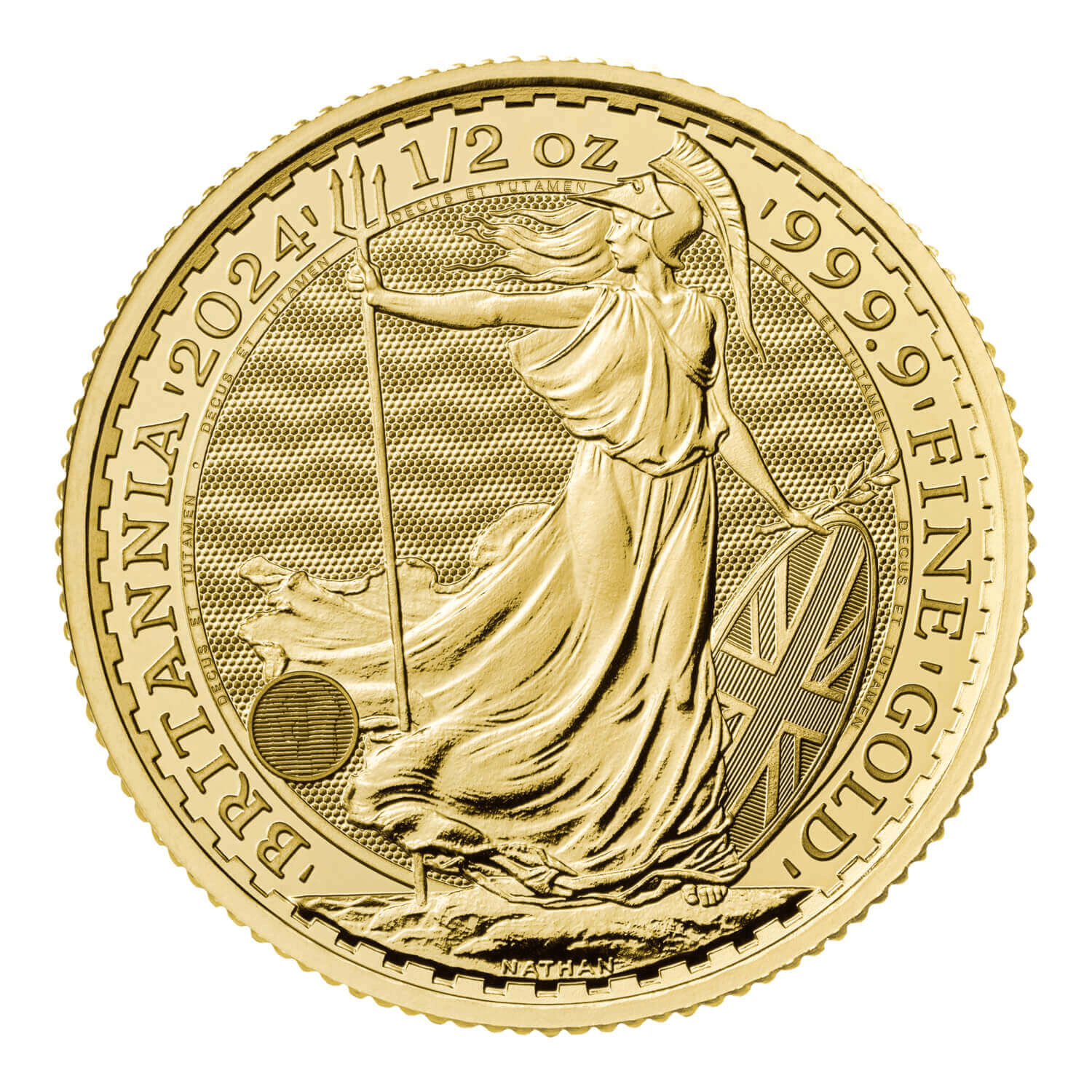 2024 Gold Britannia 1/2 oz reverse showing standing Britannia with trident, Union Flag shield, and 0.9999 fine gold inscription