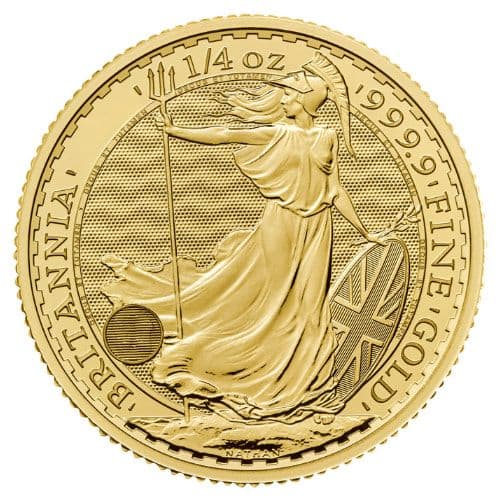 Gold Britannia 1/4 oz coin reverse showing standing Britannia with trident and shield, 0.9999 fine gold inscription