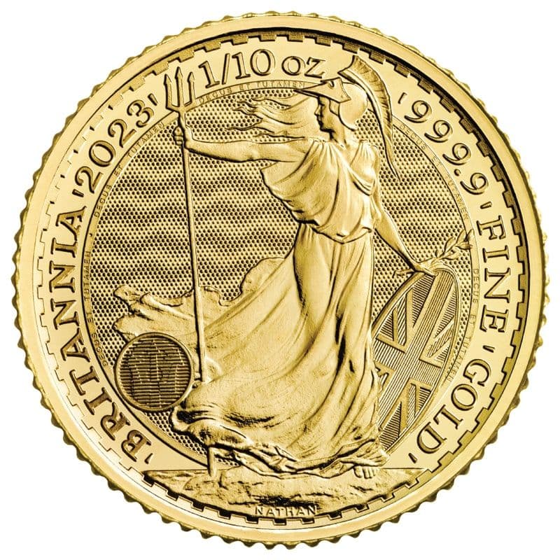 Gold Britannia 1/10 oz coin reverse showing Philip Nathan's standing Britannia with trident, shield, and 0.9999 fine gold inscription