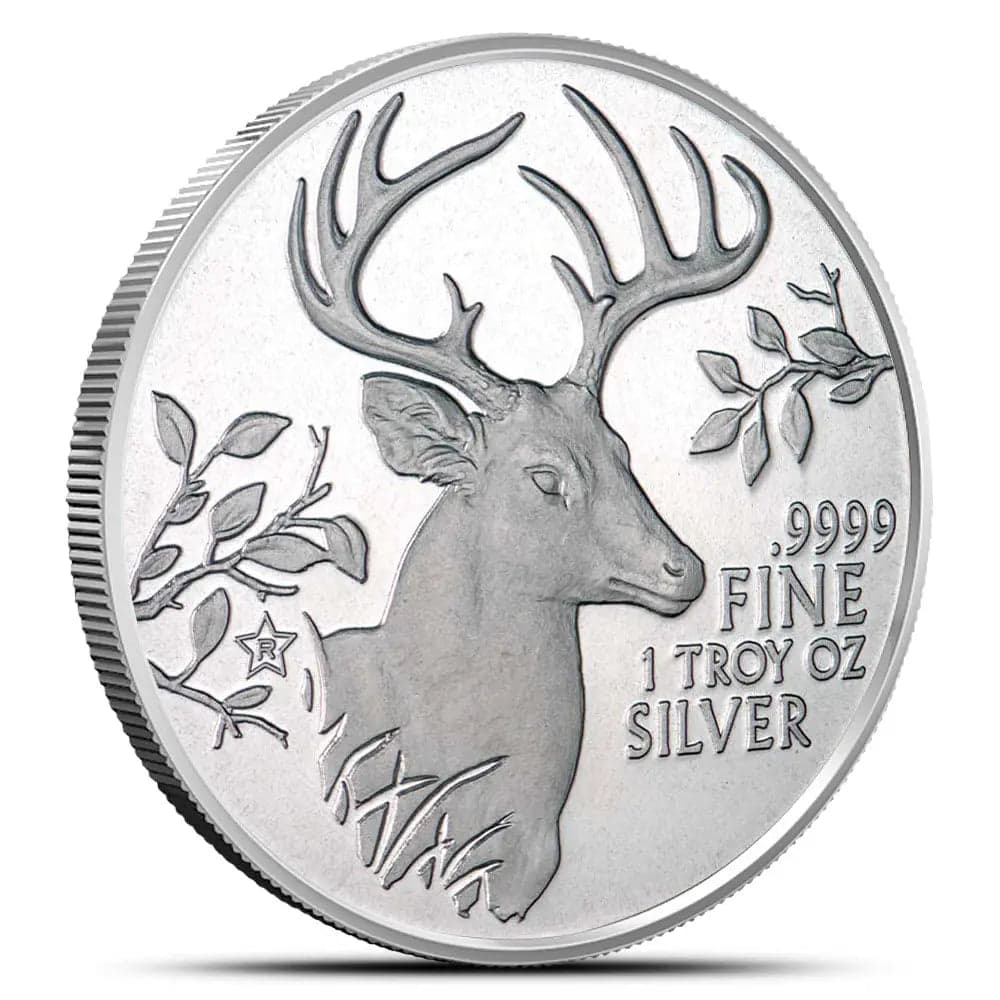 2015 Texas Mint Whitetail Deer Silver Round obverse showing buck portrait with leafy branches and .9999 fine 1 troy oz silver inscription