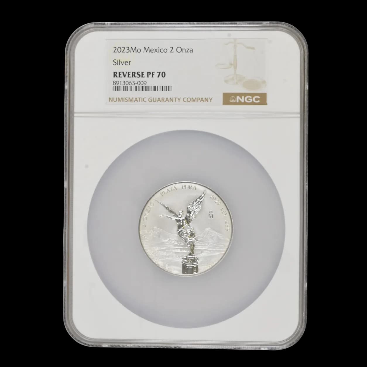 2023-Mo Mexico 2 Onza Libertad silver coin obverse in NGC Reverse PF 70 holder showing Angel of Independence design