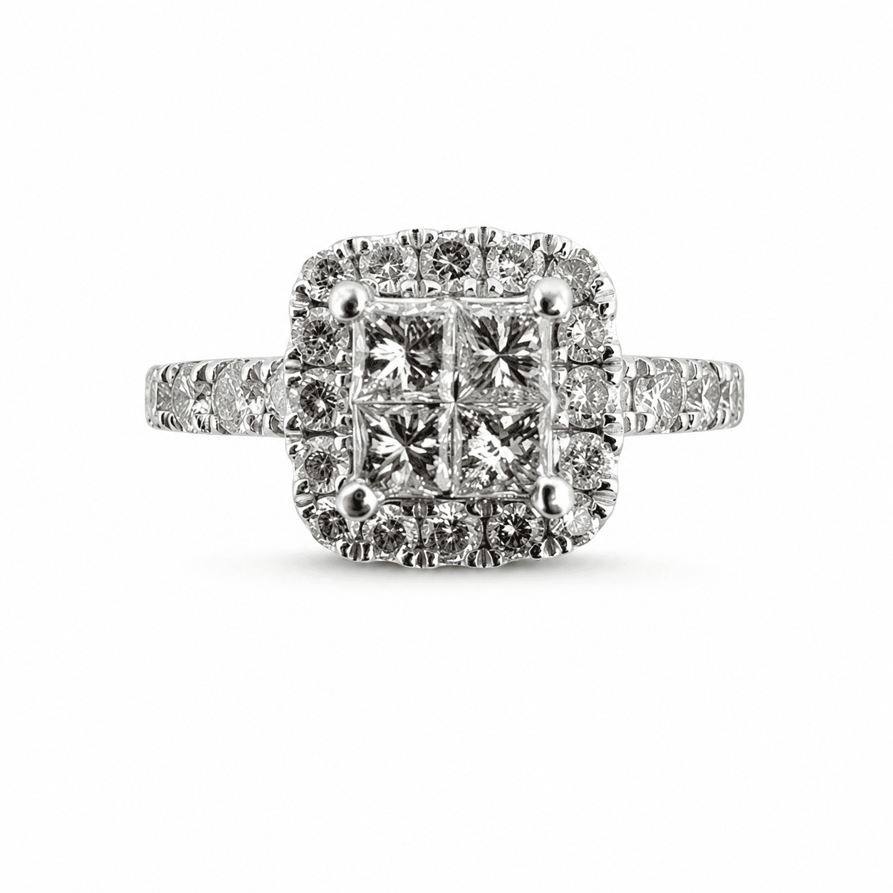 14k white gold diamond halo ring shown from top view with princess-cut center and round diamond halo