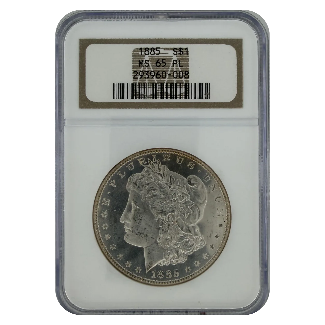 1885 Morgan Silver Dollar obverse in NGC MS 65 PL holder showing Liberty head design and date
