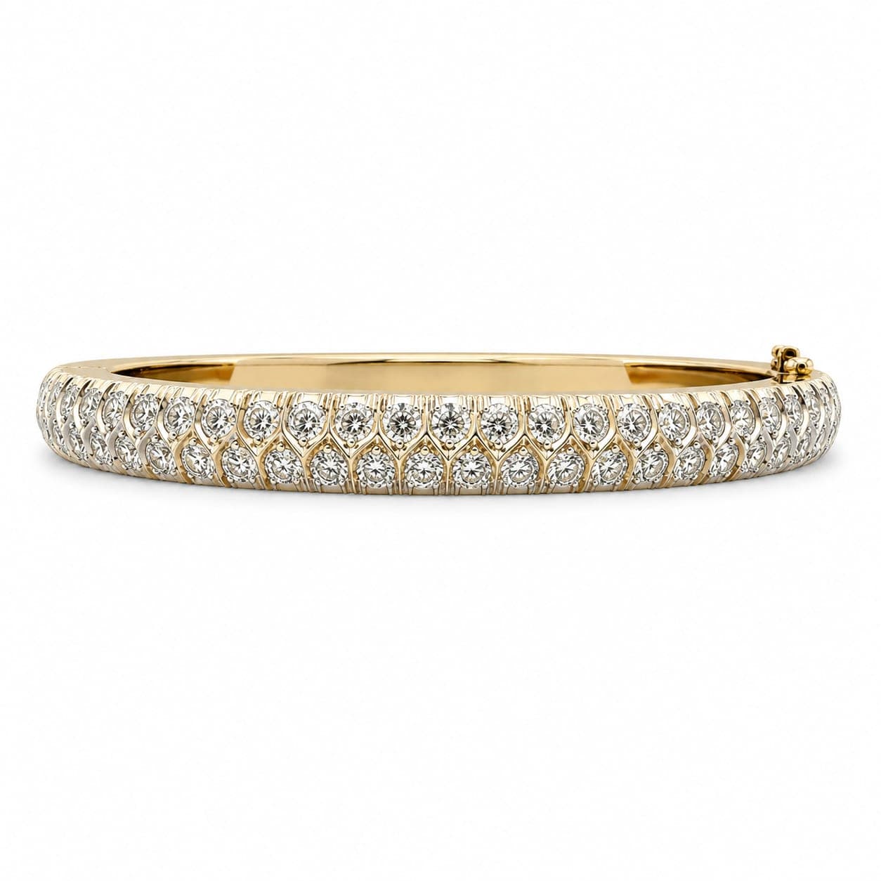 14K yellow gold diamond bangle bracelet shown from the front with two rows of pave-set round diamonds