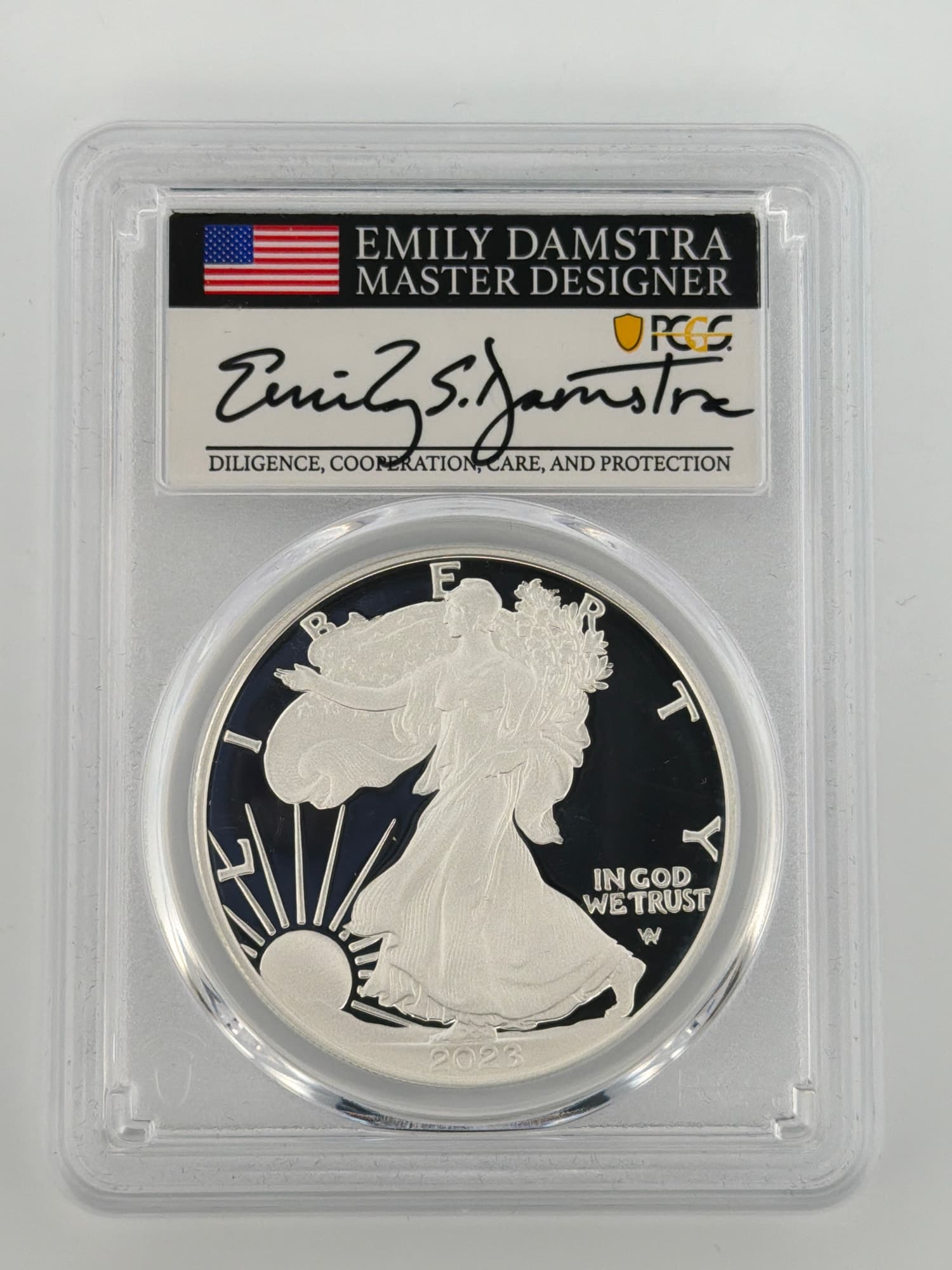 2023-S American Silver Eagle Proof $1 PCGS PR70DCAM Advanced Release Emily Damstra Signed Label - Alternate view