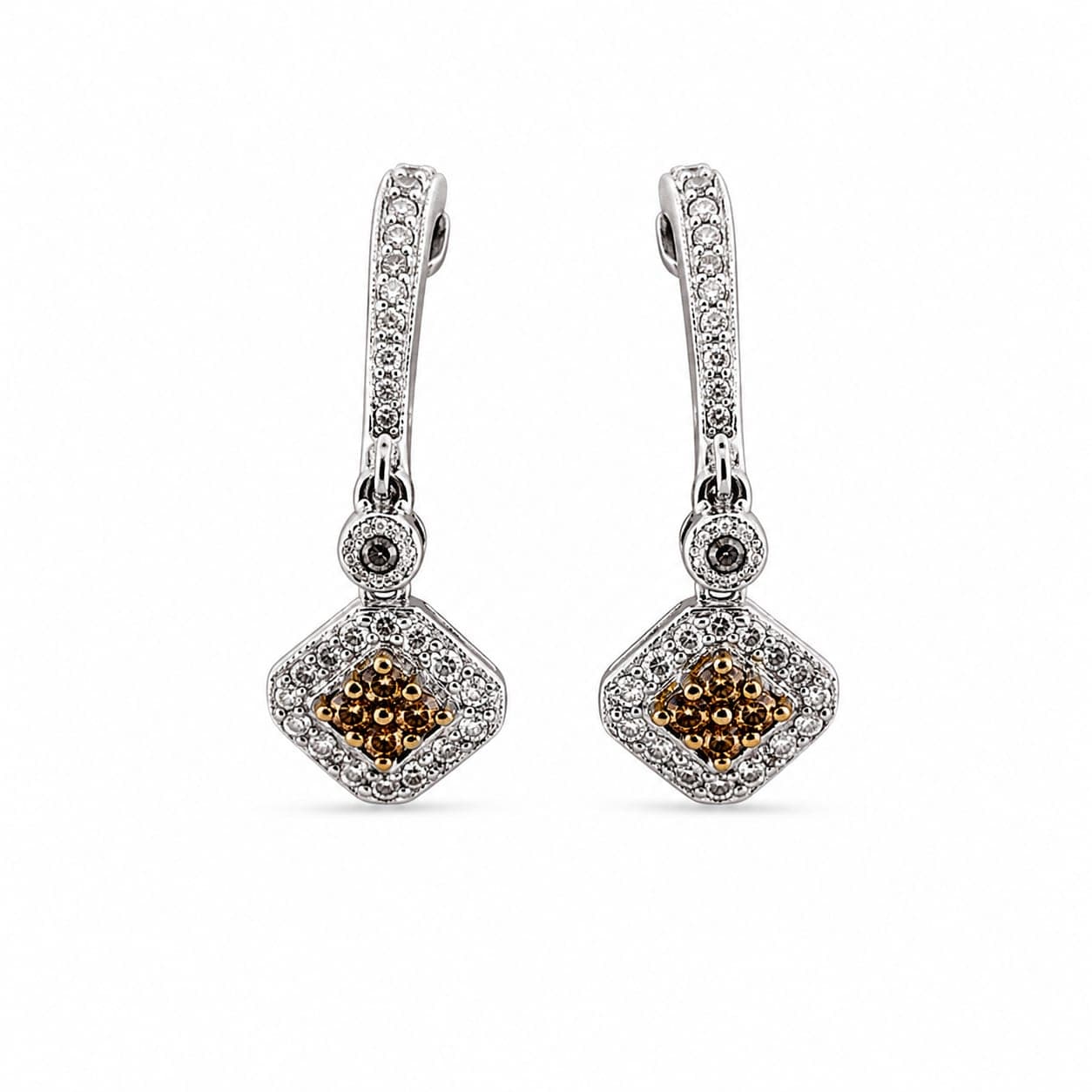 Two-tone gold diamond halo dangle hoop earrings shown facing forward with yellow diamond centers and white diamond accents