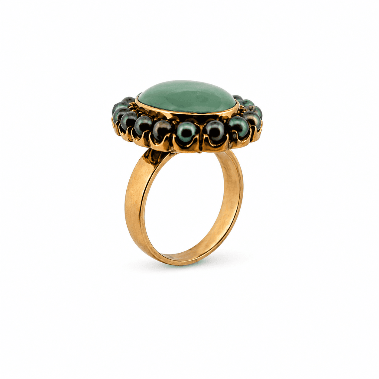 Antique 14K Rose Gold Ring with Jade Cabochon and Black Pearl Halo - Alternate view