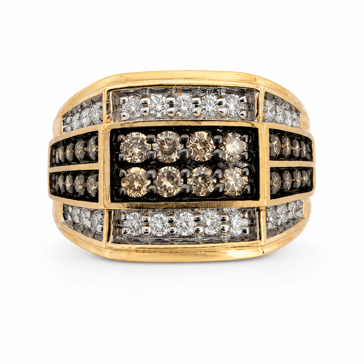 10K yellow gold ring face-up view showing chocolate and white round diamonds in raised central gallery