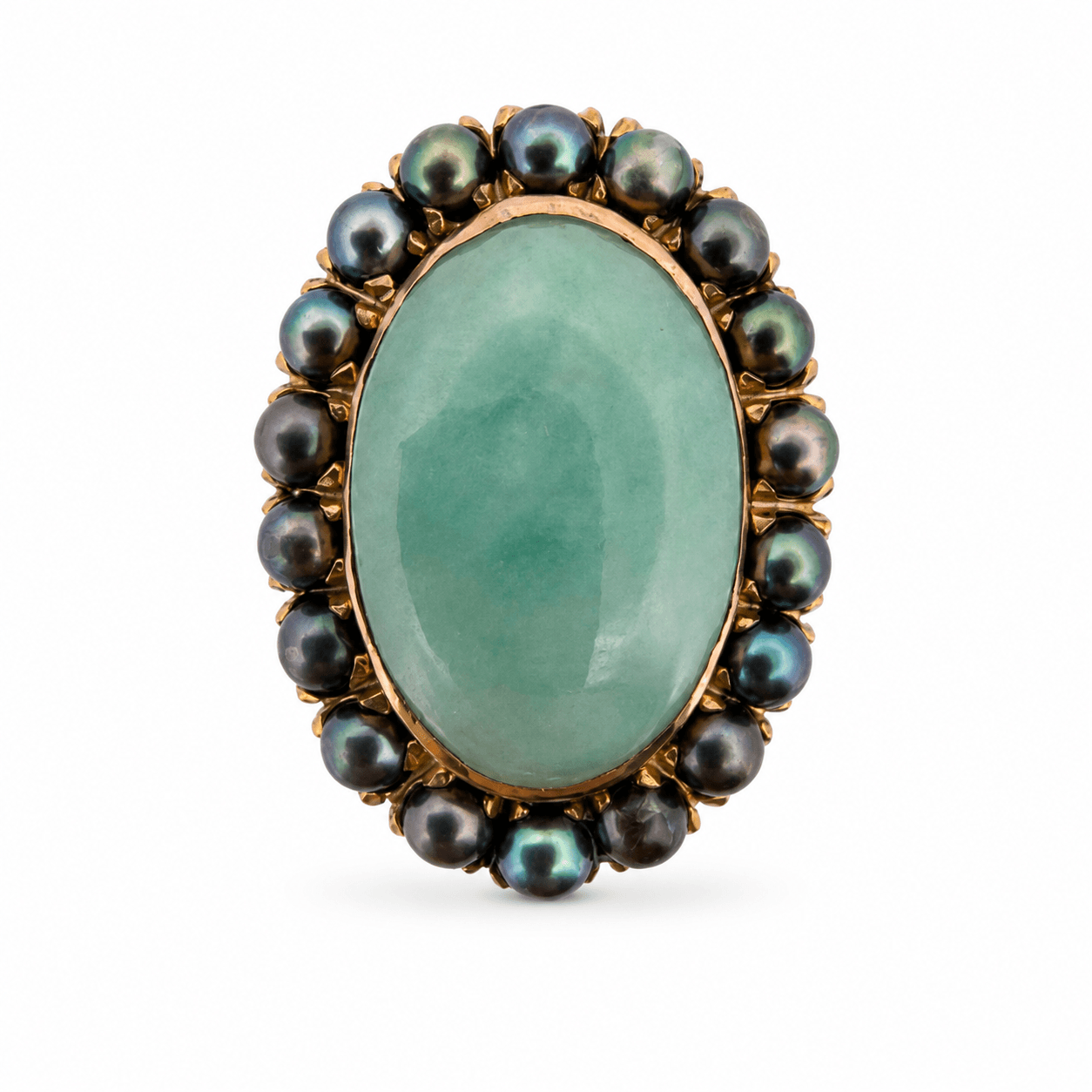 Antique 14K rose gold ring with oval jade cabochon center and round black pearl halo, front view