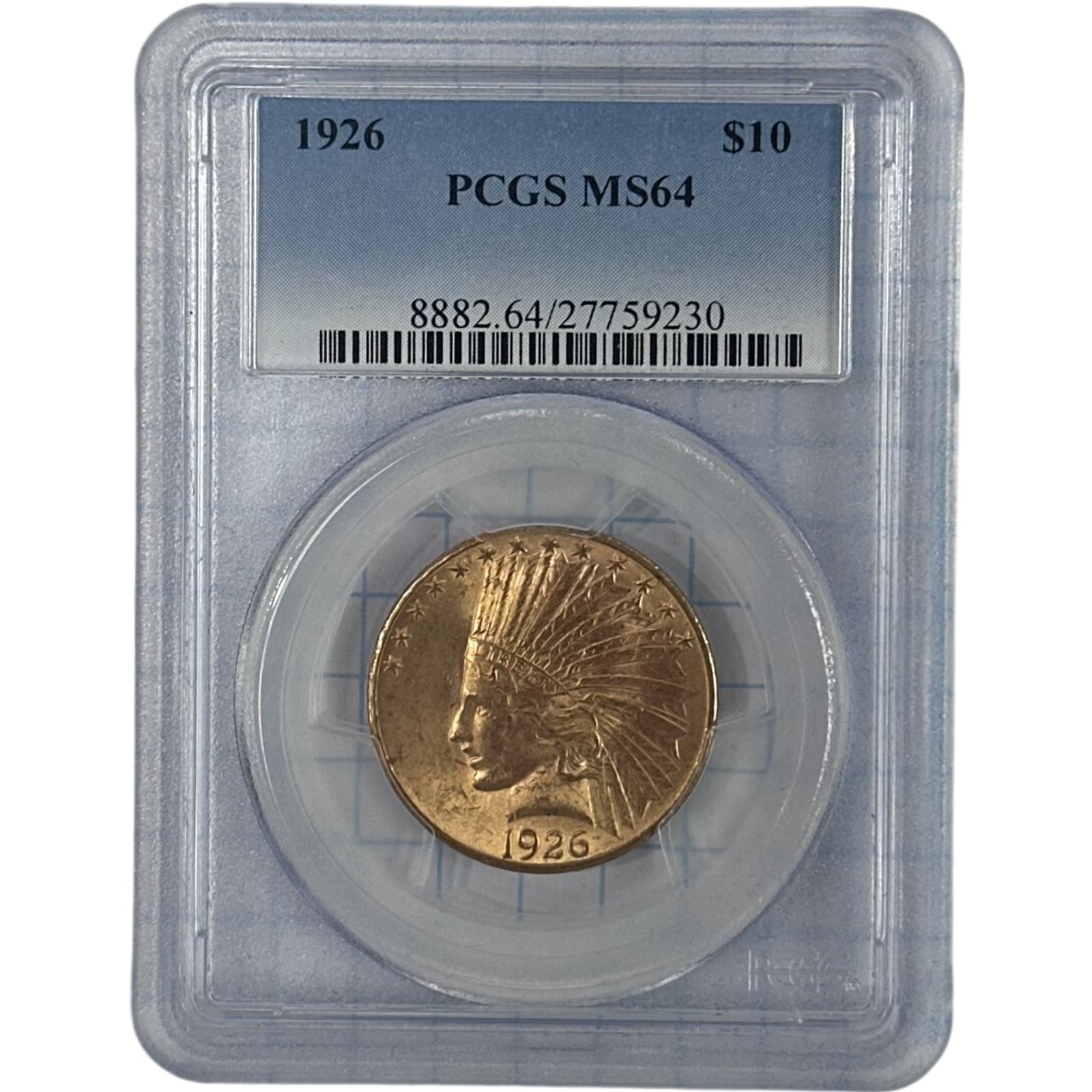 1926-P $10 Indian Head Gold Eagle PCGS MS64 obverse showing incuse Indian Head portrait and thirteen stars in PCGS blue-label slab