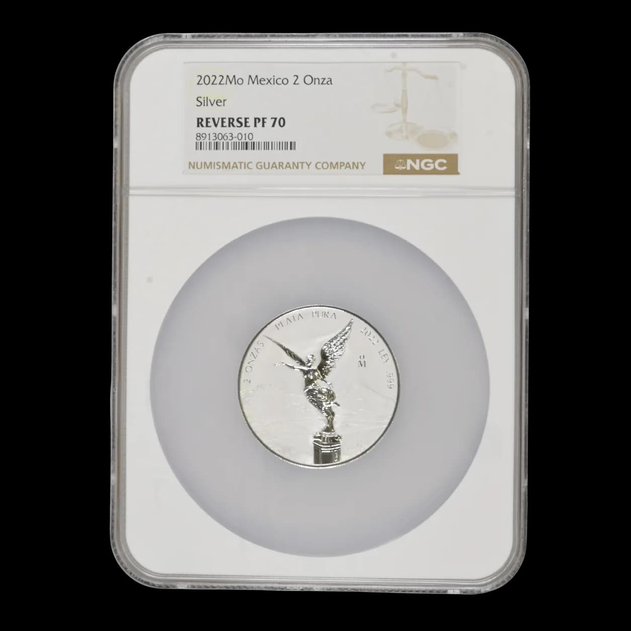 2022 Mexico 2 Onza Silver Libertad NGC PF 70 slab front label showing grade and certification number