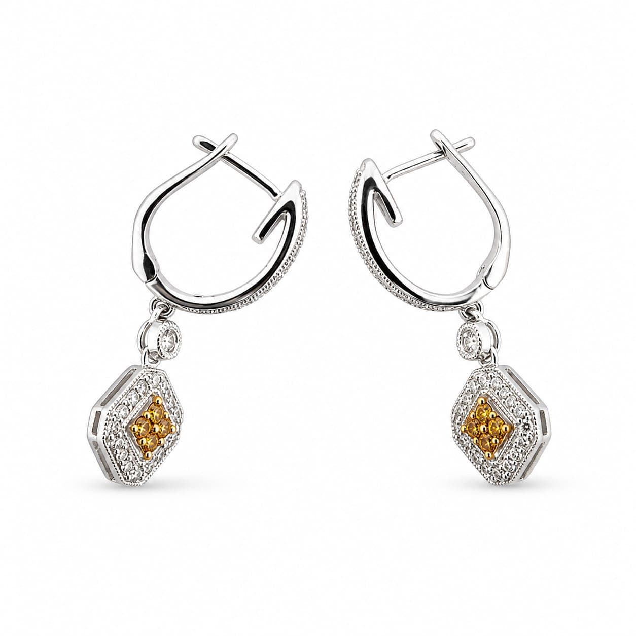 Two-Tone Gold Diamond Halo Dangle Hoop Earrings, 1/2 ct Total Weight - Alternate view