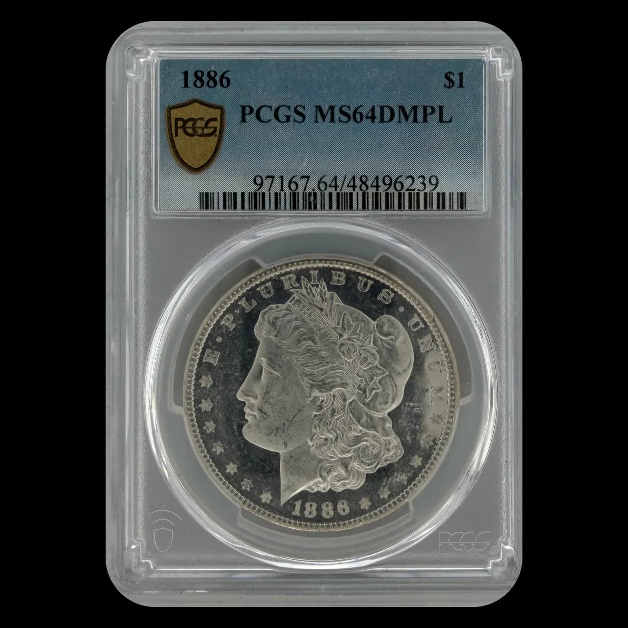 1886 Morgan Silver Dollar PCGS MS64DMPL obverse view showing Liberty head design in certification holder