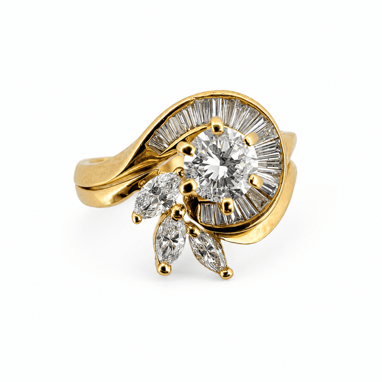 14k yellow gold diamond wedding ring set stacked together showing round, baguette, and marquise diamonds