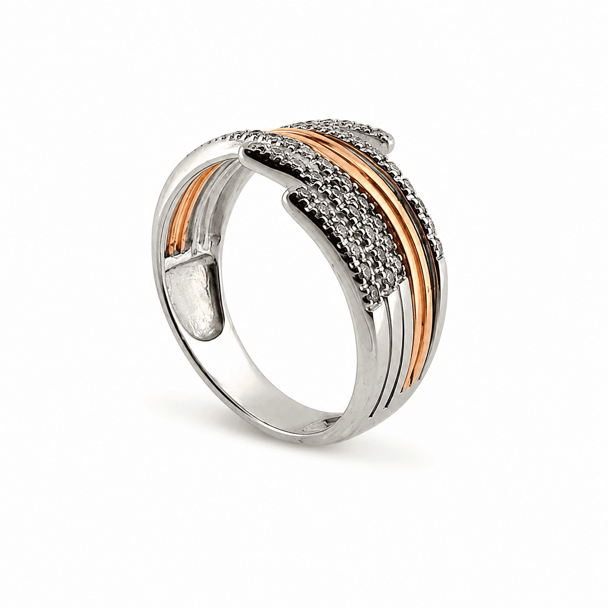 18K White & Rose Gold Diamond Multi-Row Ring, 0.50 ctw Round Diamonds - Alternate view