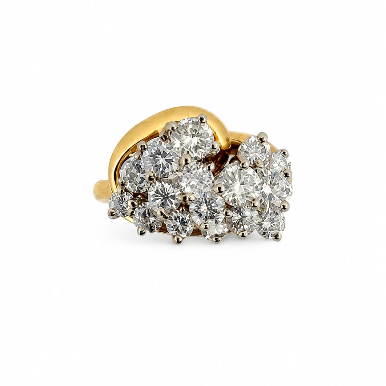 18k yellow gold diamond cluster ring viewed from the front showing the full cascading arrangement of round diamonds