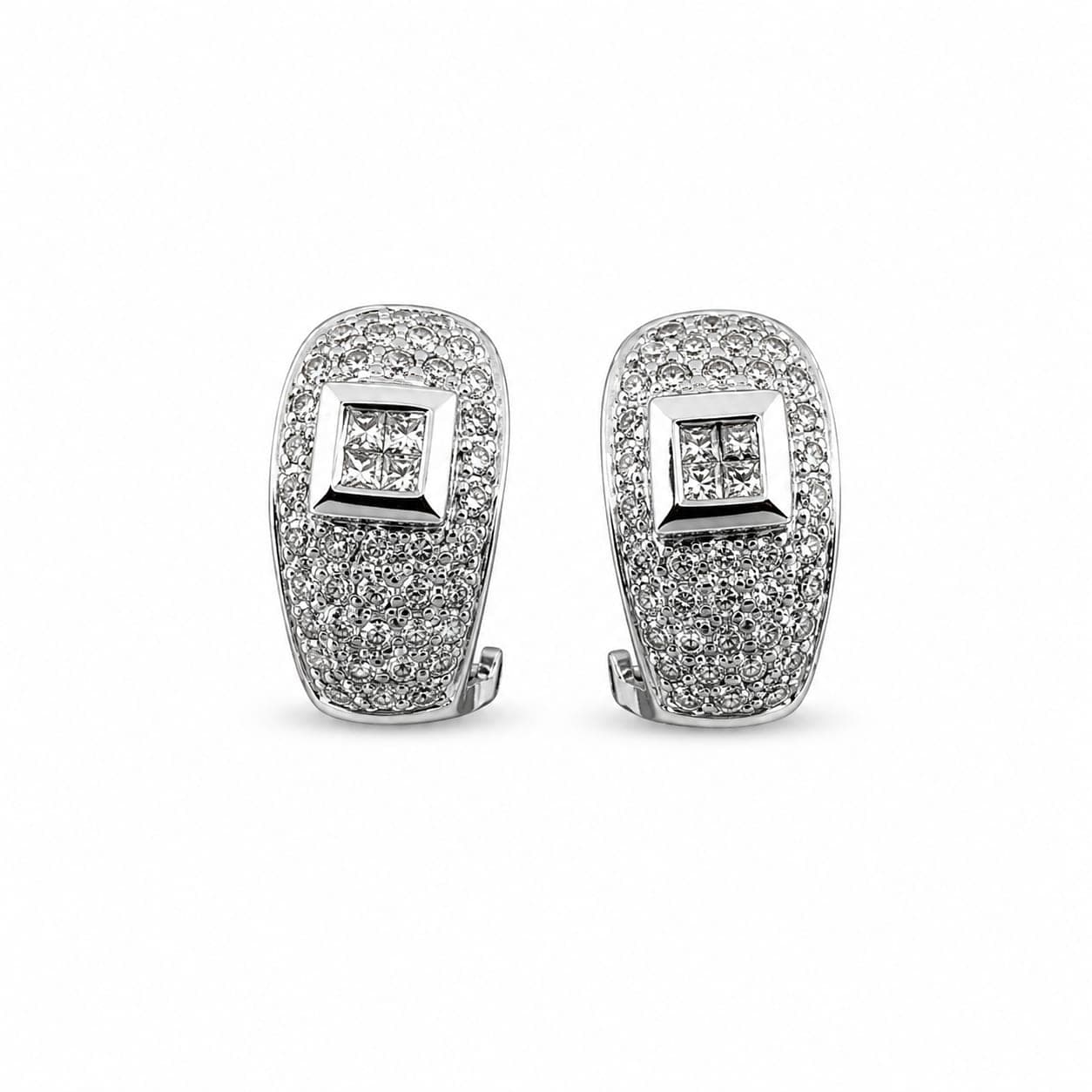 Gold diamond earrings shown front-facing with princess-cut center clusters and pave-set round diamonds