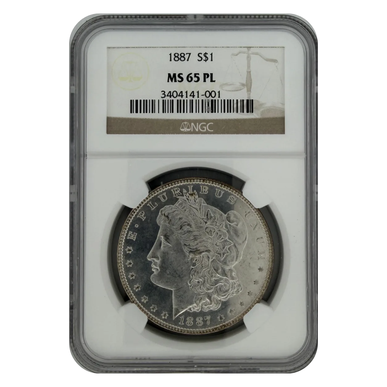 1887 Morgan Silver Dollar obverse in NGC MS 65 PL holder showing Liberty head design and certification label