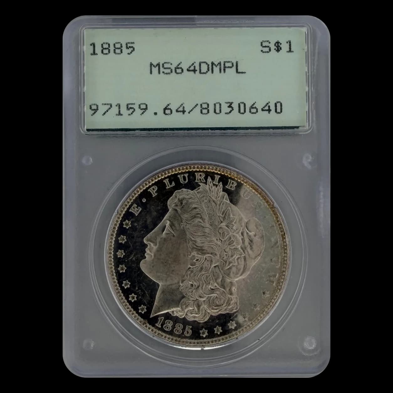 1885 Morgan Silver Dollar obverse in PCGS MS64 DMPL rattler holder showing Liberty head design