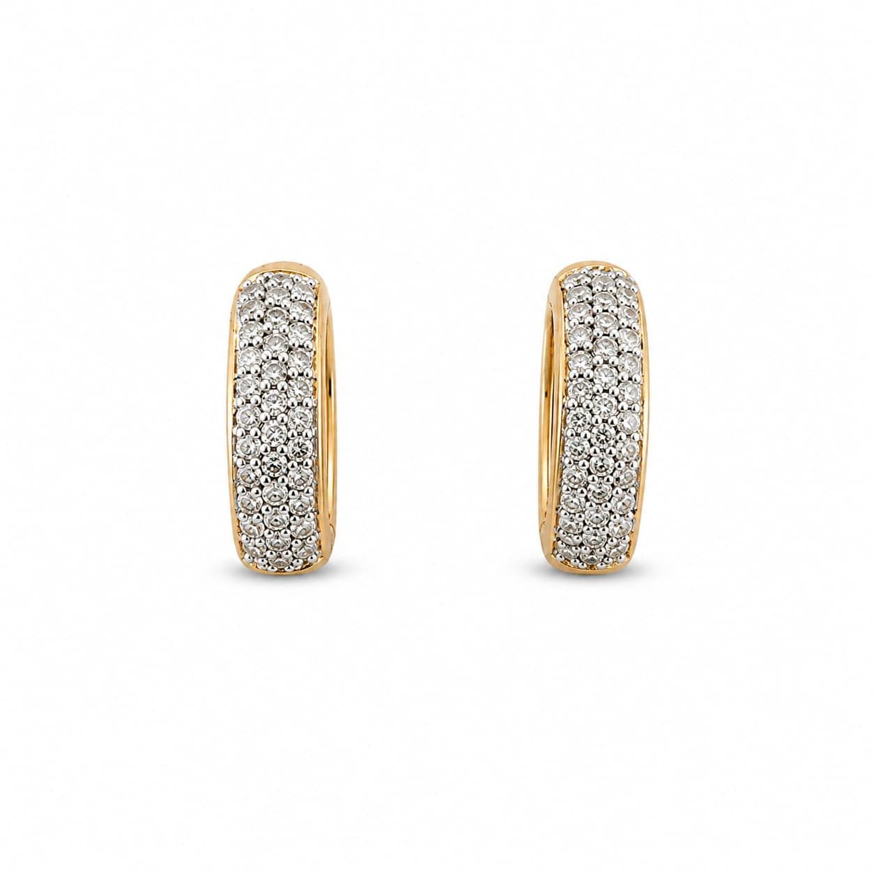 14K yellow gold huggie hoop earrings standing upright showing pave-set round diamonds along the front face