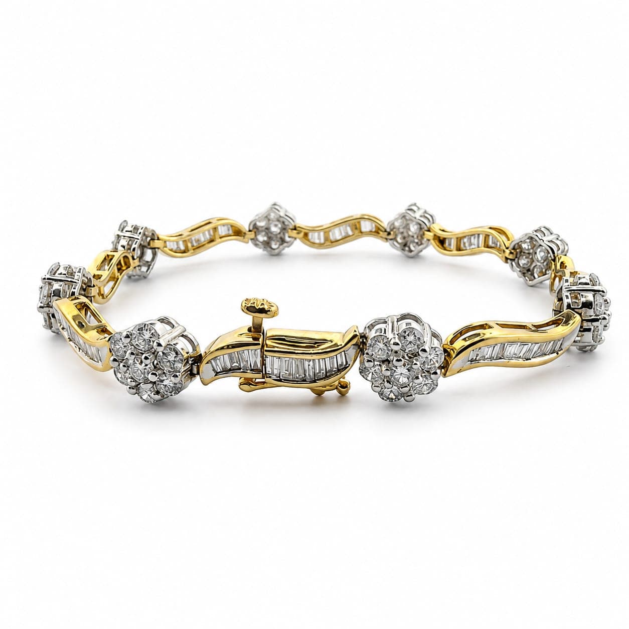 14K two-tone gold diamond floral cluster bracelet shown in full, laid flat to display all links and clasp