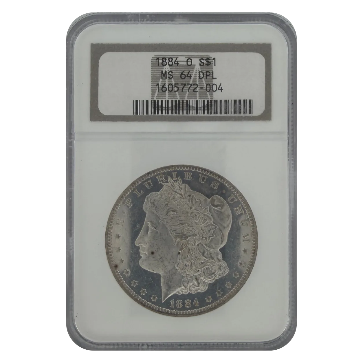 1884-O Morgan Silver Dollar obverse in NGC MS64 DPL holder showing Liberty head design and certification label