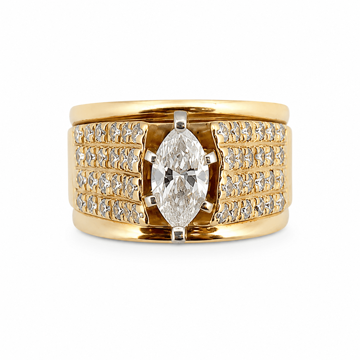 14kt yellow gold marquise diamond ring shown front-facing with pave-set round diamond accent rows