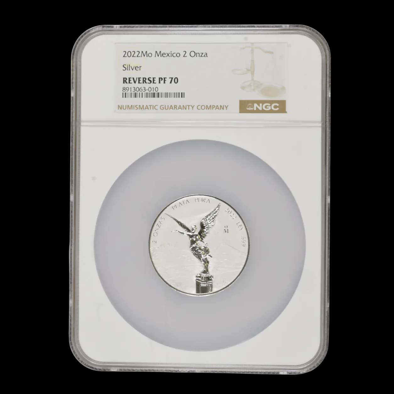 2022-Mo Mexico 2 Onza Libertad silver coin reverse design visible through NGC Reverse PF70 certification holder
