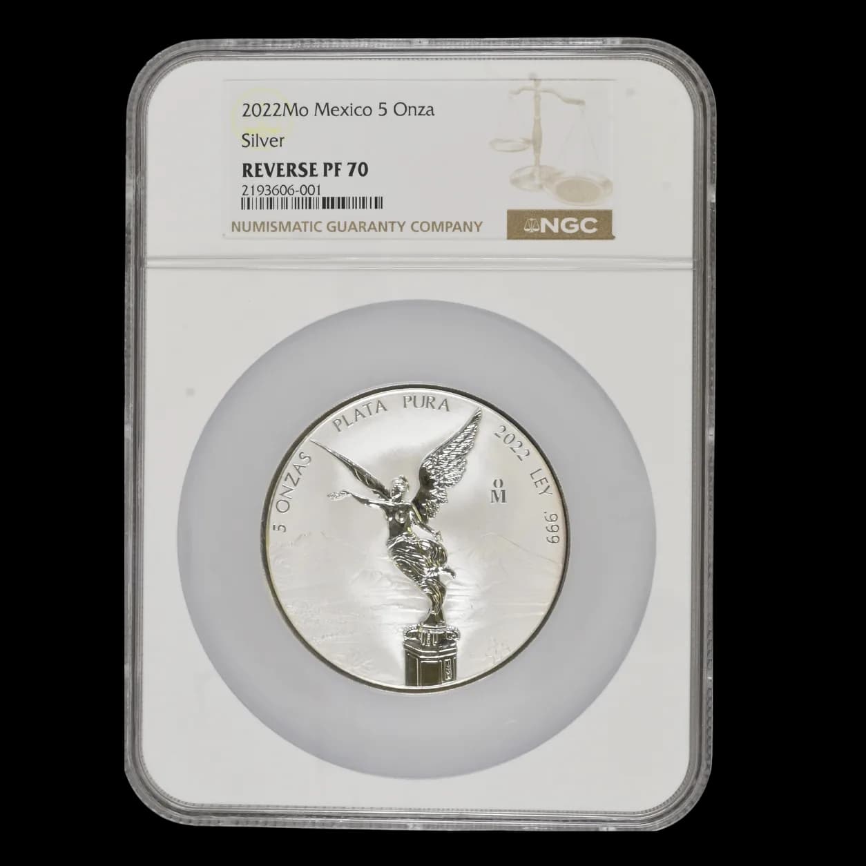 2022 Mexico 5 Onza Libertad silver coin obverse in NGC Reverse Proof PF 70 holder showing Angel of Independence design