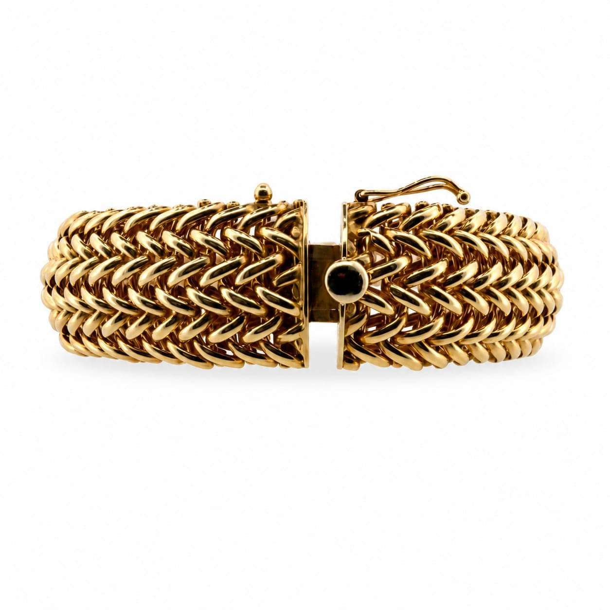 14kt yellow gold woven chevron-link bracelet shown fully assembled with clasp closed against a white background