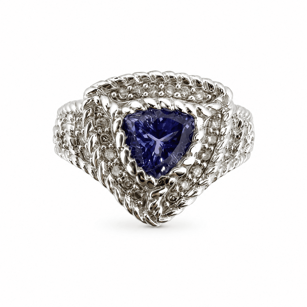 14K white gold tanzanite ring shown from the top displaying the trillion-cut center stone and diamond halo