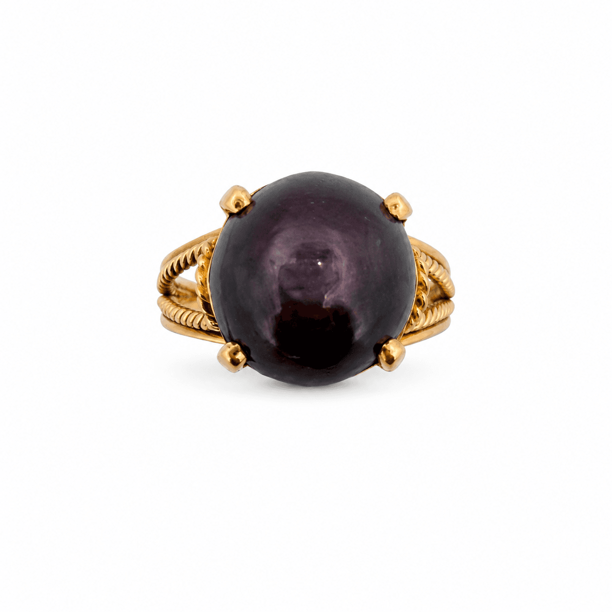Star Ruby Cabochon Ring in 14K Yellow Gold with Rope-Twist Shoulders - Alternate view