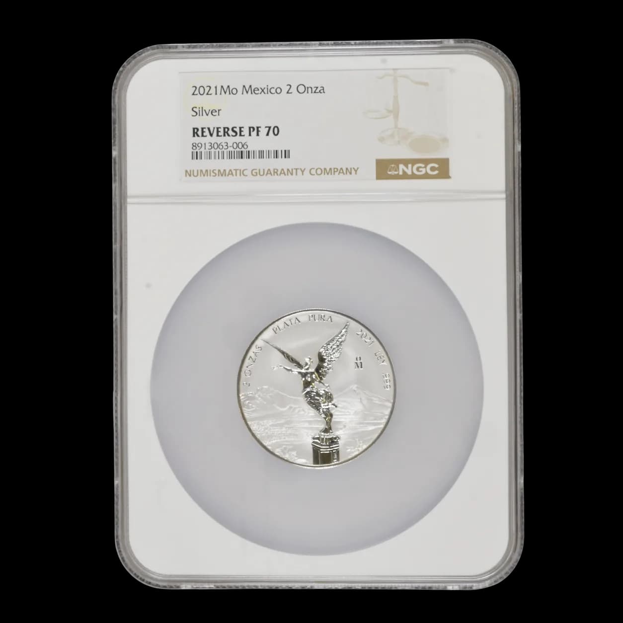 2021-Mo Mexico 2 Onza silver Libertad coin in NGC Reverse PF 70 holder showing the Winged Victory obverse design