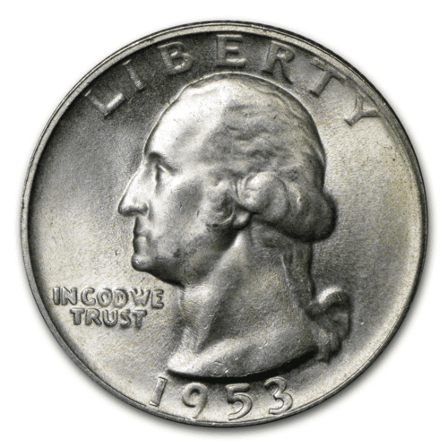 1953 Washington Quarter obverse showing Liberty inscription, IN GOD WE TRUST motto, and John Flanagan portrait — representative of 90% US silver quarters in this $10 face lot
