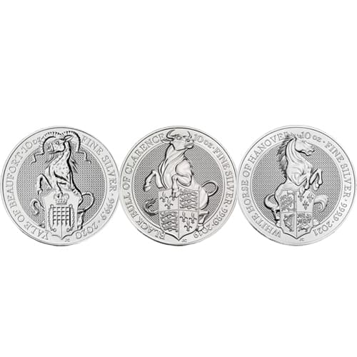 10 oz British Silver Queen's Beast Coins showing Yale of Beaufort 2020, Black Bull of Clarence 2019, and White Horse of Hanover 2021 reverses side by side