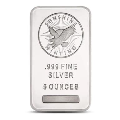 Sunshine Minting 5 oz 0.999 fine silver bar obverse showing soaring eagle hallmark and stamped weight