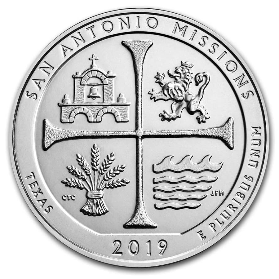 2019 5 oz Silver ATB San Antonio Missions coin reverse showing Spanish cross, mission bell tower, lion rampant, wheat sheaf, and river waves