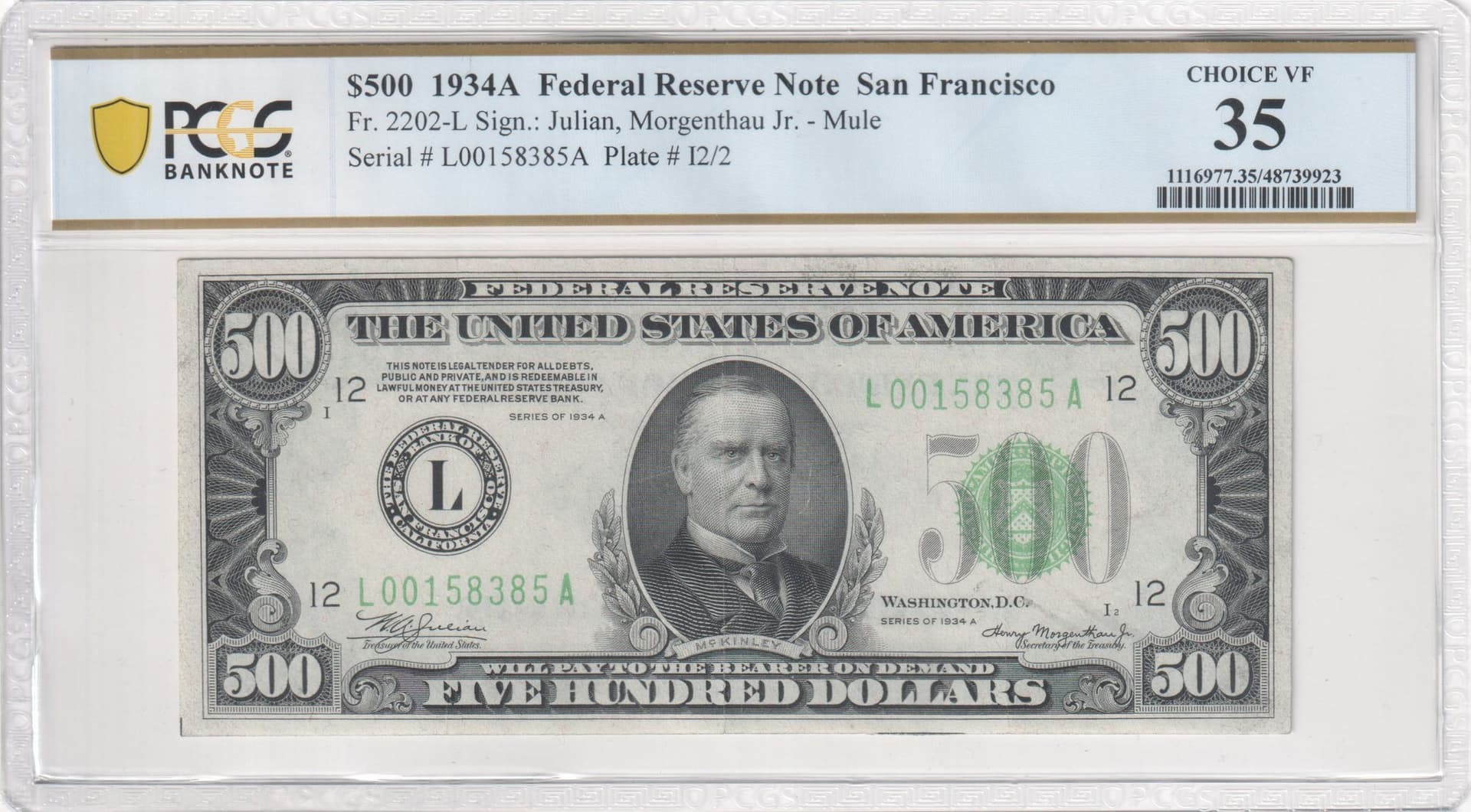 1934A $500 Federal Reserve Note San Francisco obverse with McKinley portrait in PCGS Choice VF 35 holder